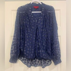 Jennifer Lopez Navy Hi-Low Sheer Dotted Long Sleeve Large Blouse.          3199